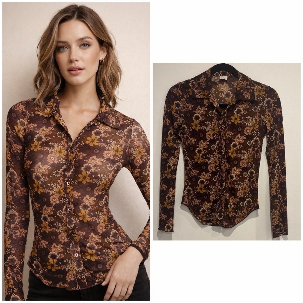 Wilfred Brown and Yellow Floral Button Down Shirt Size 2XS Arititzia